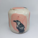 PINK AND 5 CROW COVERED JAR