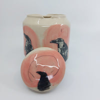 PINK AND 5 CROW COVERED JAR